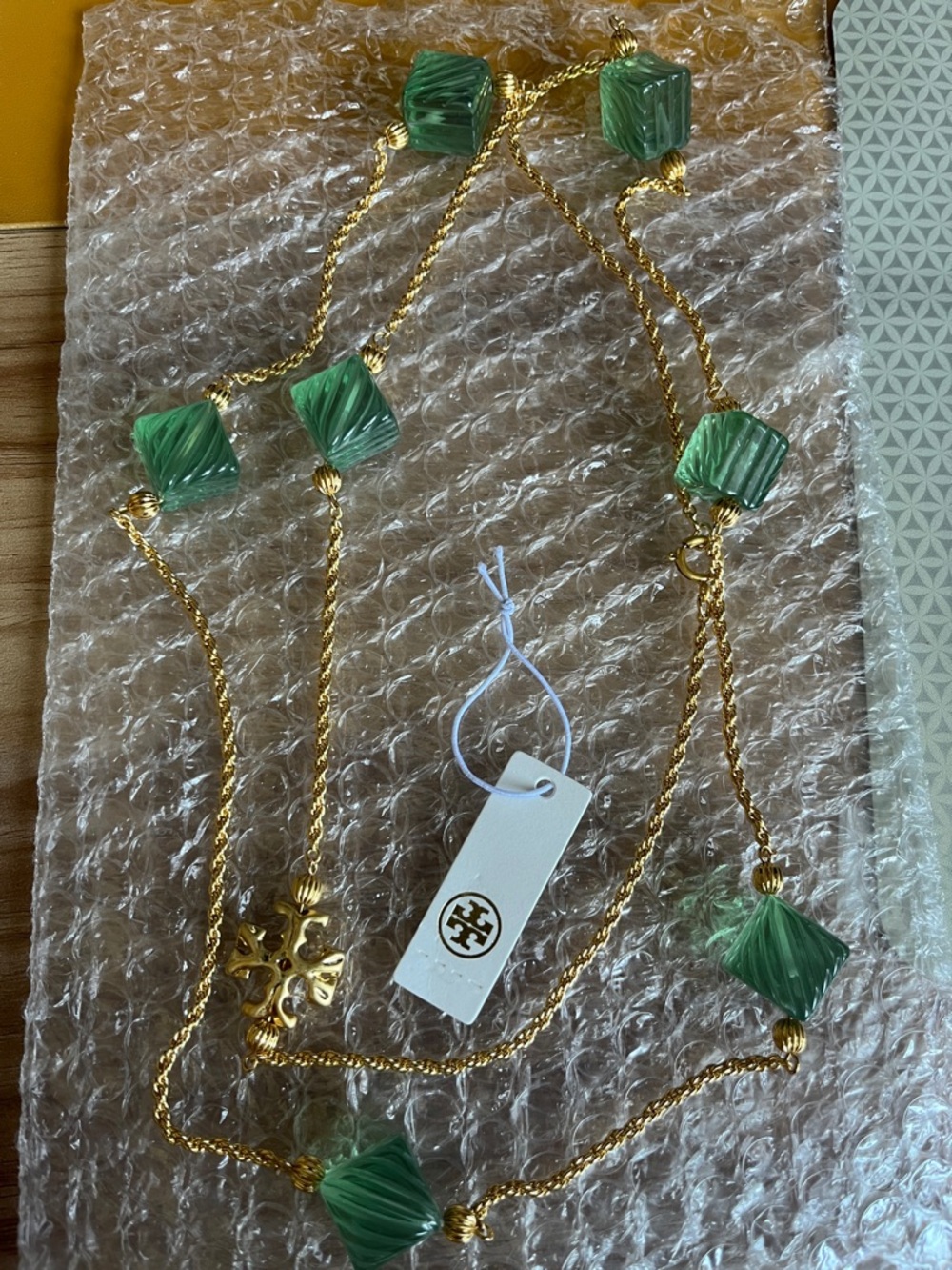 Tory Burch Gold-Tone Chain Necklace with Green Faceted Beads